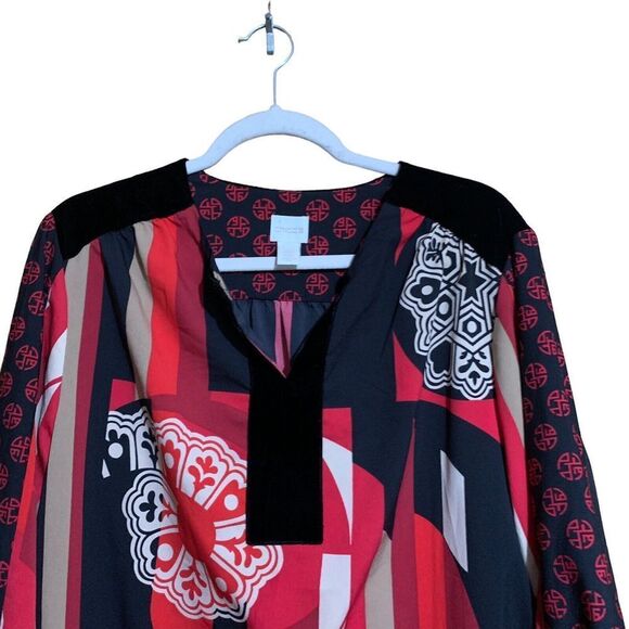 Chico's Womens Size XL Multicolor Artsy Oriental Split Neck Blouse Top - Picture 2 of 8